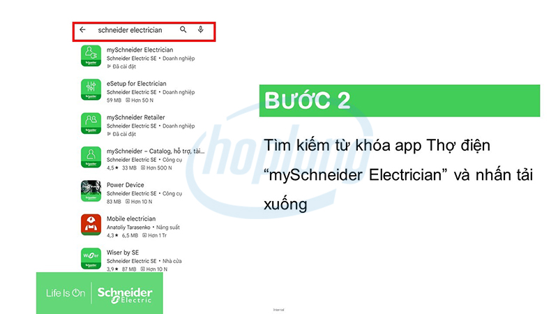 Tìm kiếm từ khóa app Thợ điện “mySchneider Electrician” và nhấn tải xuống